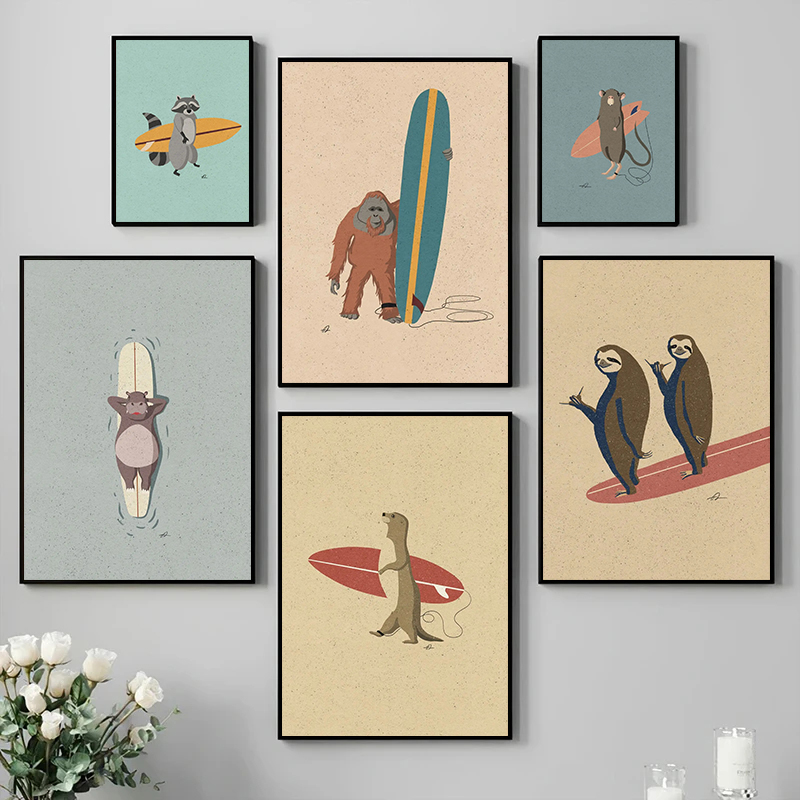 Photography Duck - Vintage Cartoon Surfing Animals Canvas Painting